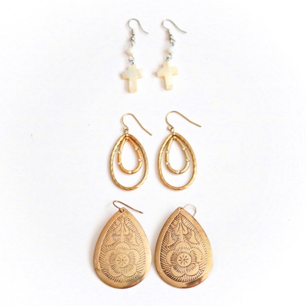 Gold Tone Teardrop Cross Earrings 3 Pairs Bundle